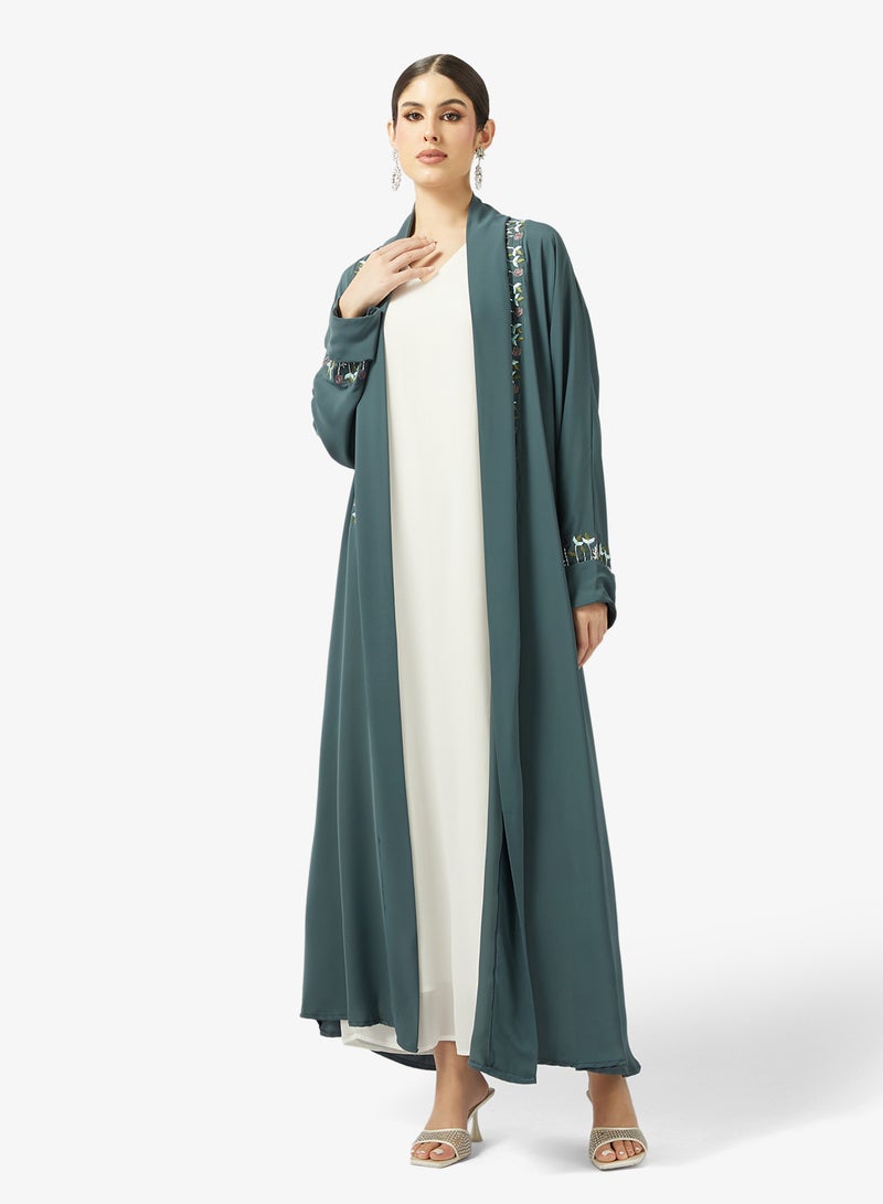 hayas closet Floral Embroidered And Embellished Open Front V Neck Abaya - Image 4